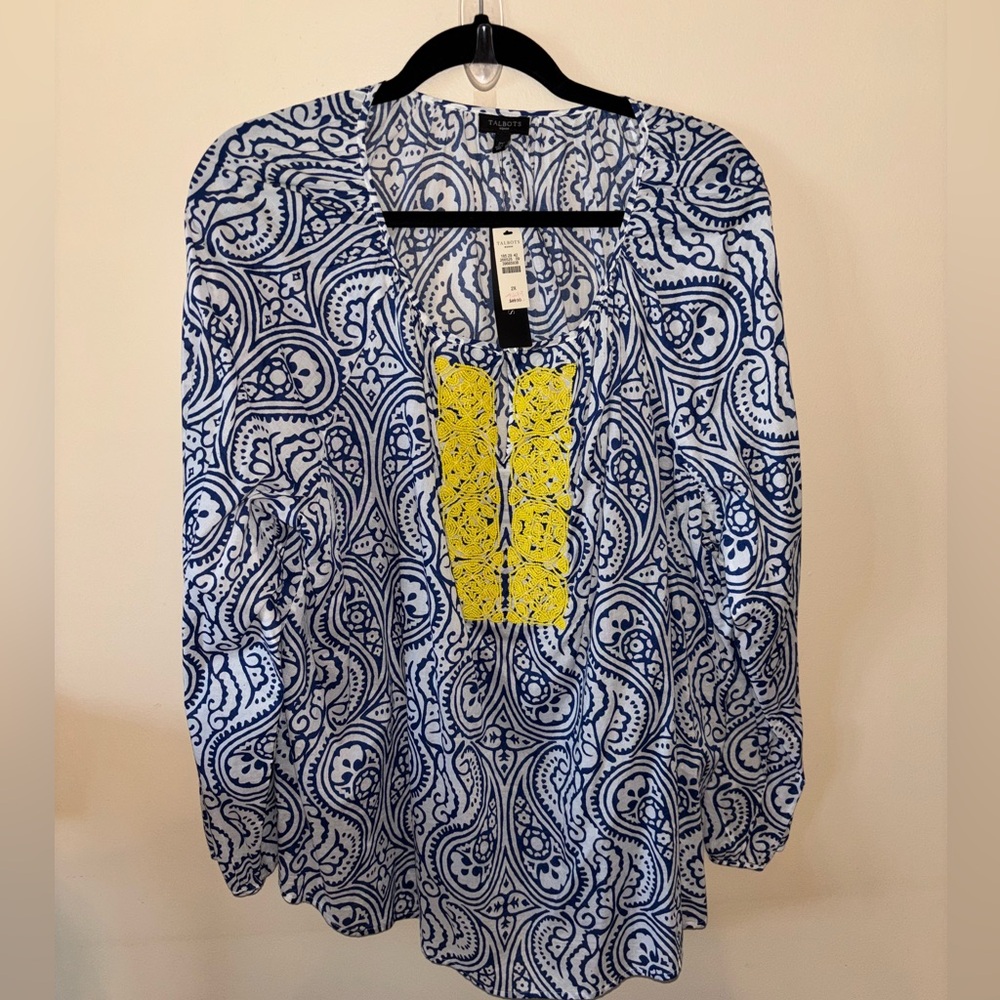 NWT Talbots Blue and Yellow Paisley Women's Top. Sz. 2X